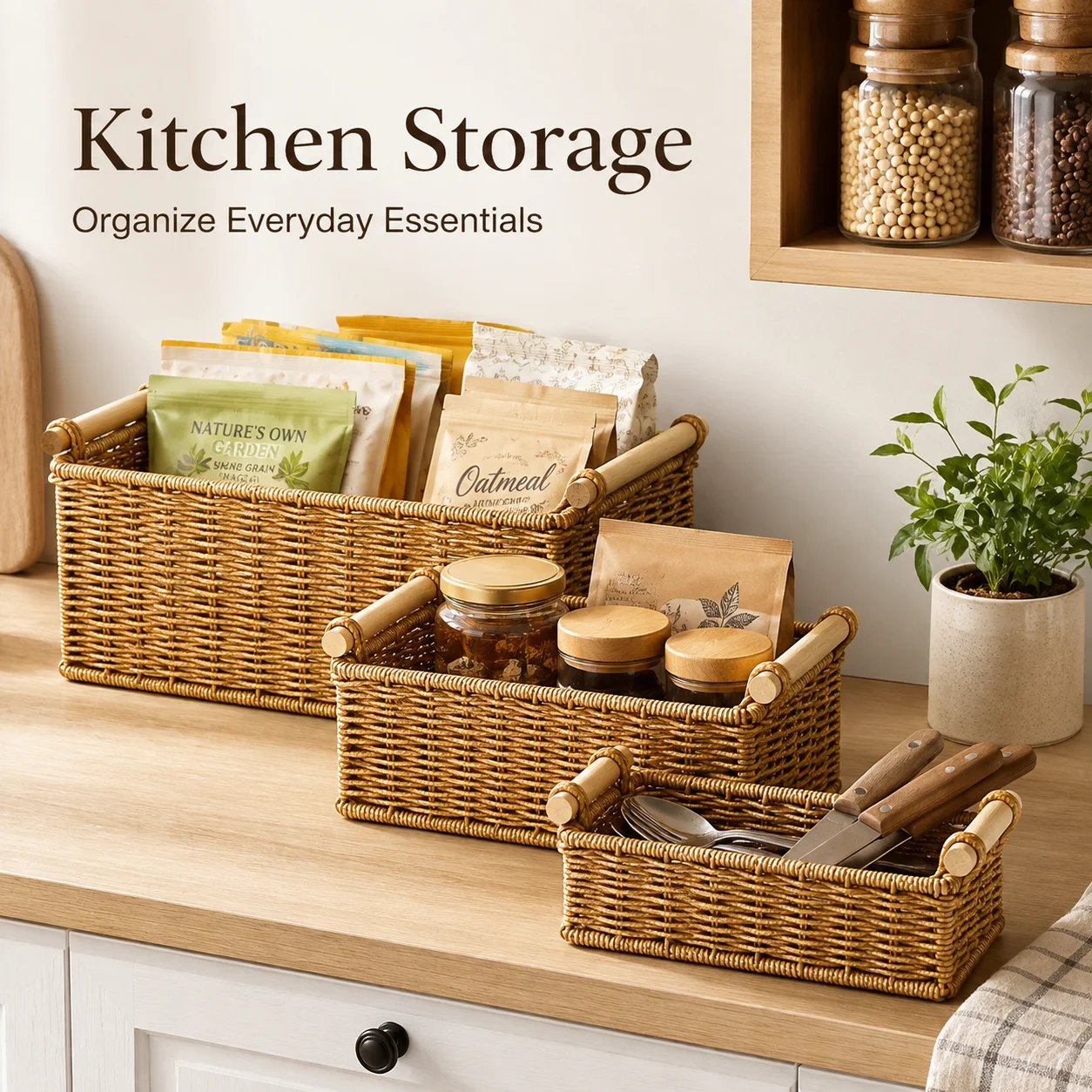 3Pcs Imitation Rattan Storage Basket Set with Wooden Handles, Woven Organizer Bins for Bathroom, Kitchen, Vanity & Home view 3