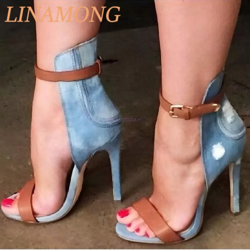 Open Toed Denim Sandals Fashionable Simple Belt Buckle Straight Strap Design Pointed Color Blocking Versatile Slim High Heels