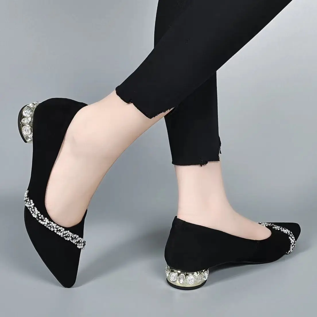 Women\'s Summer Footwear Diamond Shoes for Woman 2024 Rhinestone Office Low Heel Elegant with Crystals Black Stylish on Promotion