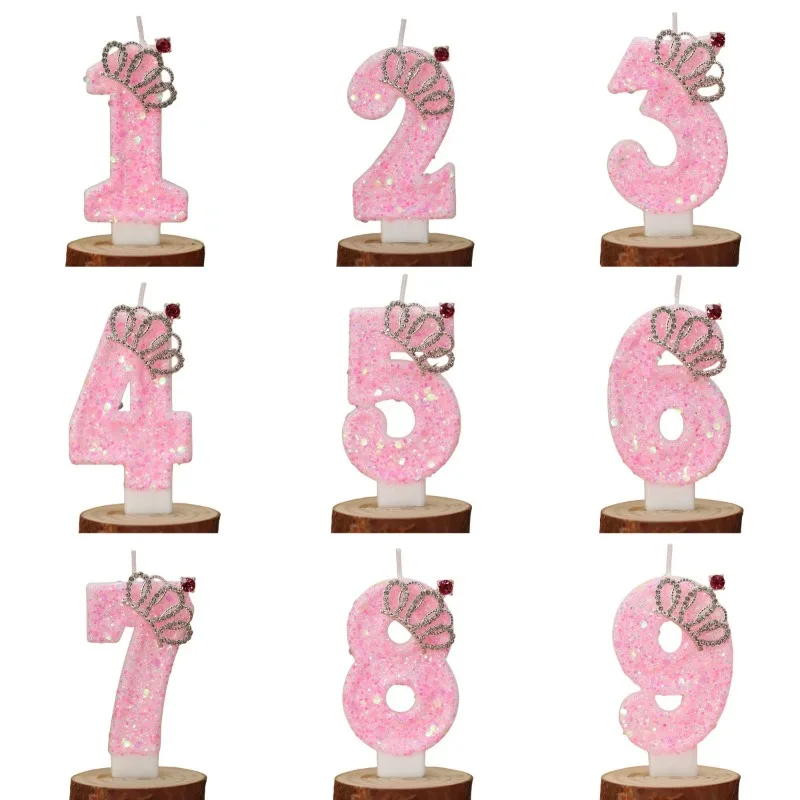 Pink Birthday Candle Crown Number 0-9 Creativity Birthday Cake Topper Cupcake Decor Princess Themed Party Decorations