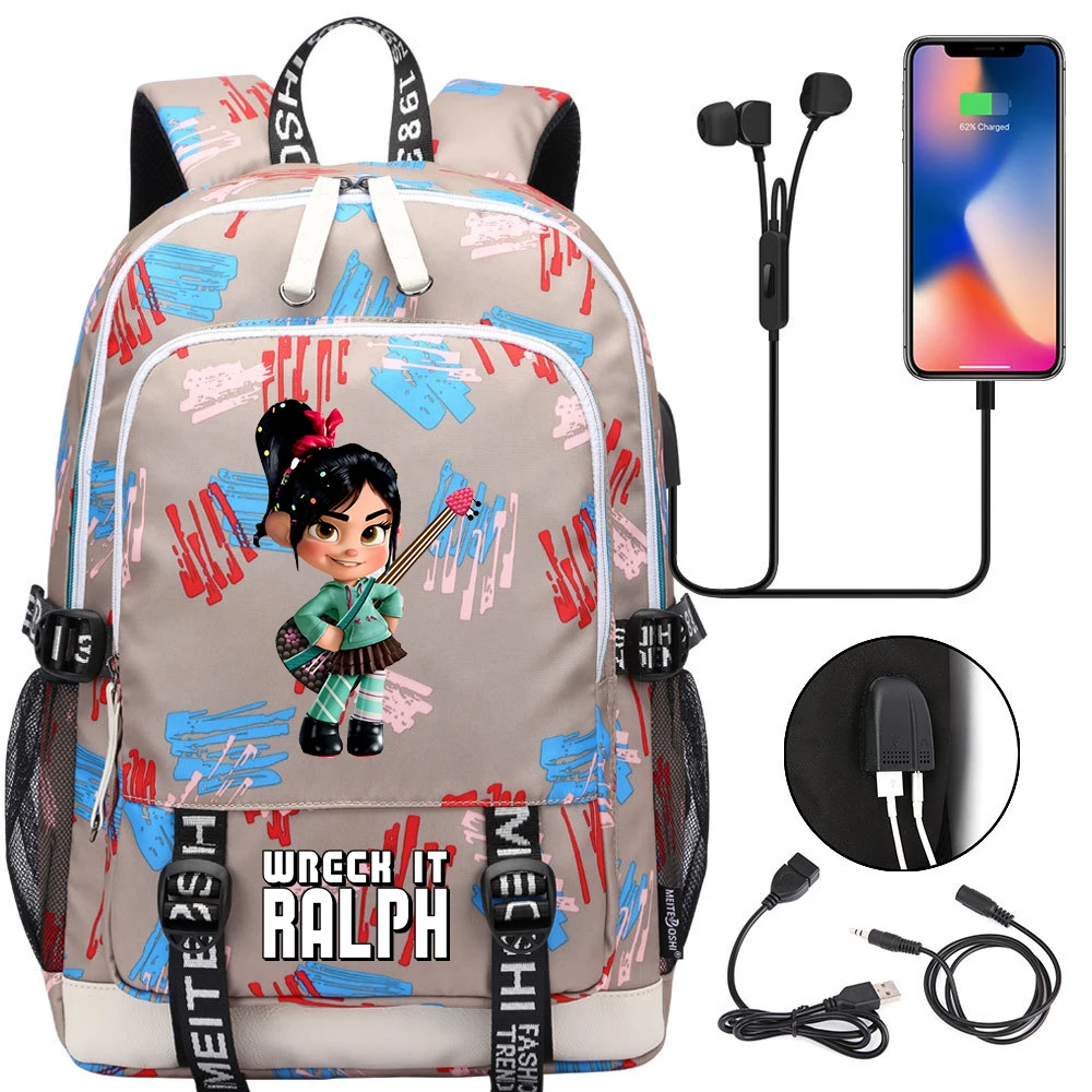 MINISO Wreck-It Ralph Schoolrugzak Tiener USB Opladen Laptop Casual Reisrugzak Jongens Meisjes Student Boekentas Rugzak