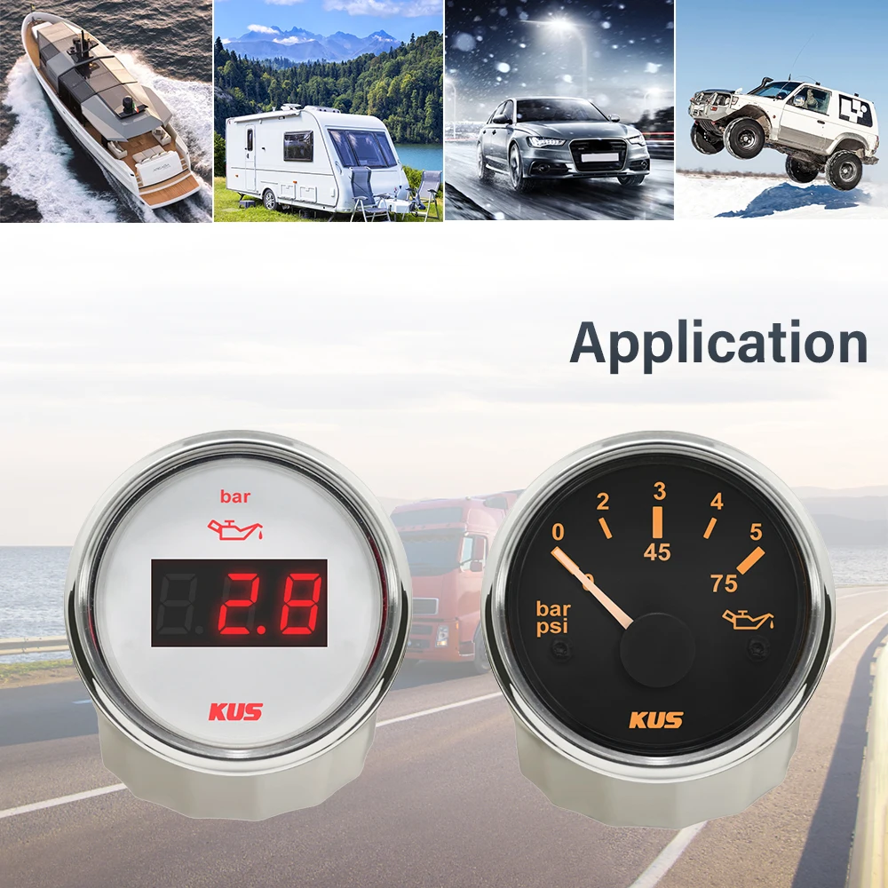 KUS 52MM Oil Fuel Pressure Gauge Meter 0-5Bar 0-75PSI 0-10Bar 0-145PSI With Backlight 12V 24V for Car SUV Forklift Tractors