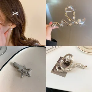 Imitation pearl metal hair claws for women, crosswave, geometric, pearl, star, bowknot, duckbill clips, head accessories, 4 pcs 10 Main Sales Accessory Bride Hair - №9