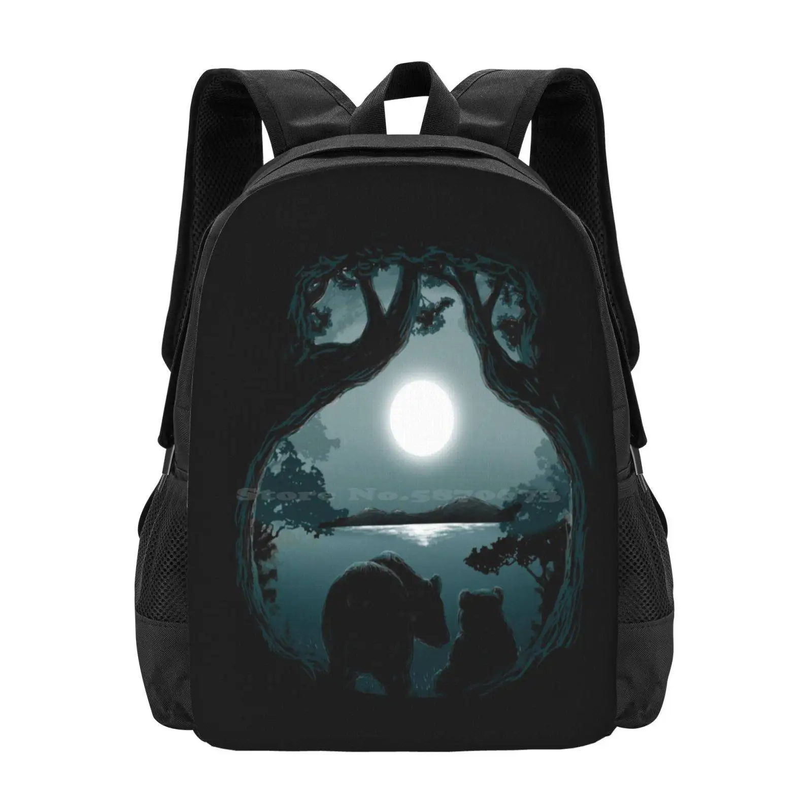 Found You New Arrivals Unisex Bags Student Bag Backpack Panda Animal Love Forest Night Moon Lake Mountain Negative Space Concept