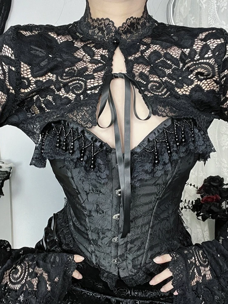 AltGoth Halloween Palace Style Gothic Smock Damen Vintage Sexy dunkle Spitze Durchsichtige Bluse mit ausgestellten Ärmeln Fee Grunge Kleidung