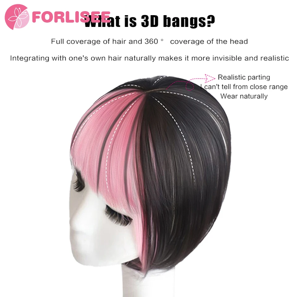 FORLISEE Synthetic 3D French Bangs Wig With Natural And Seamless Forehead Invisible Pink Highlights Top Hair patch Air Bangs