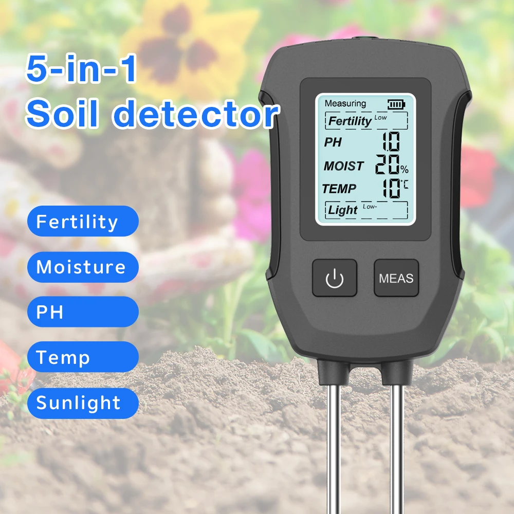

Dual-needle Soil Tester 3/5 in 1 Soil PH Meter Multifunctional Fertility/Moisture/PH/Temp/Sunlight Detector with Backlight