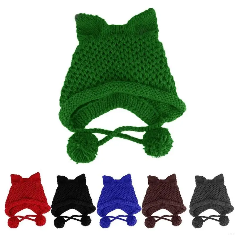 المرأة الشتاء مكتنزة قبعة متماسكة قبعة لطيف ثلاثية الأبعاد لآذان القط بلون يندبروف قبعة الأذن الدافئة مع حزام الذقن