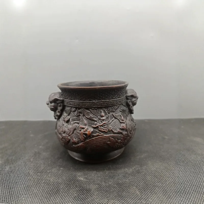 Rural vintage items: Ming Dynasty Xuan De copper burner dragons playing with pearls, double-handled incense