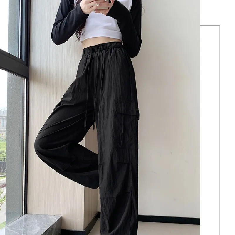 Imagem -05 - Calça de Perna Larga de Cintura Alta Feminina Justa com Cordão de Bolso Casual Monocromática Solta Primavera Verão Novo Moda 2023