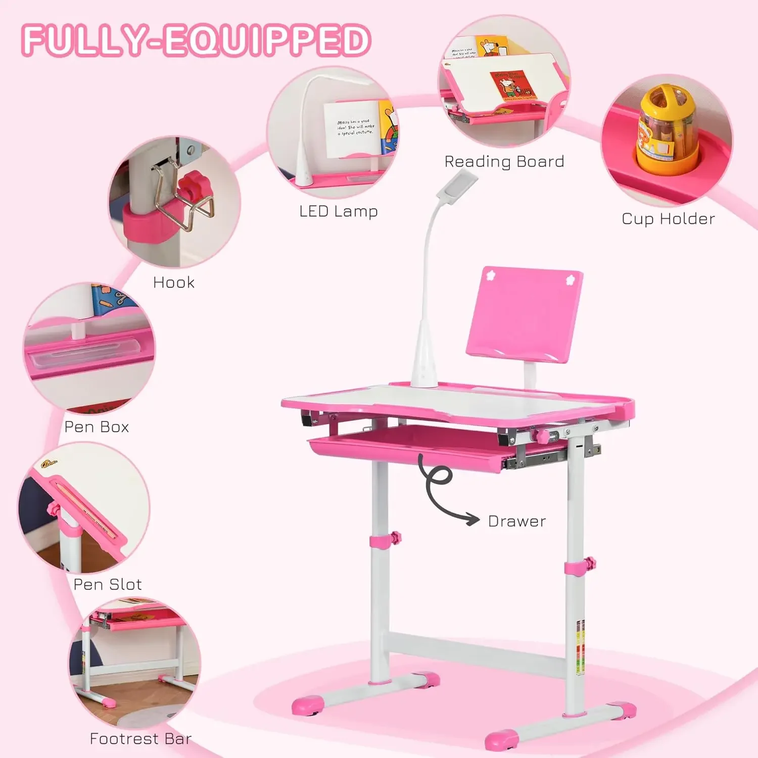 Kids Desk and Chair Set, Height Adjustable School Desk Chair Set with Tilt Desktop, USB Light, Storage Drawer for Study