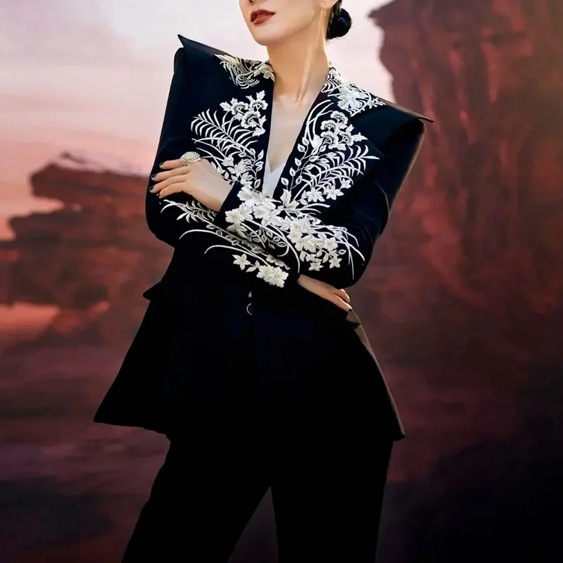 

2025 Spring Fall Women European Vintage Designer Embroidery Black Blazer Coat , Woman Slim Single Breasted Coats Blazers