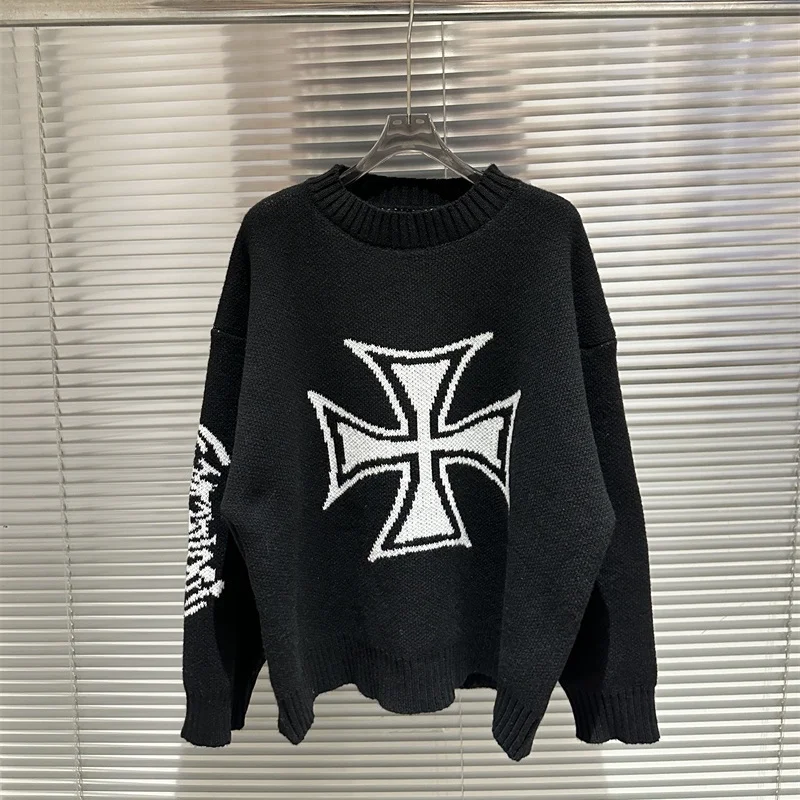 Suéter negro de cuello redondo de Jacquard de gran tamaño de High Street para hombres y mujeres suéter de punto grueso cálido informal Grailz Project G/R