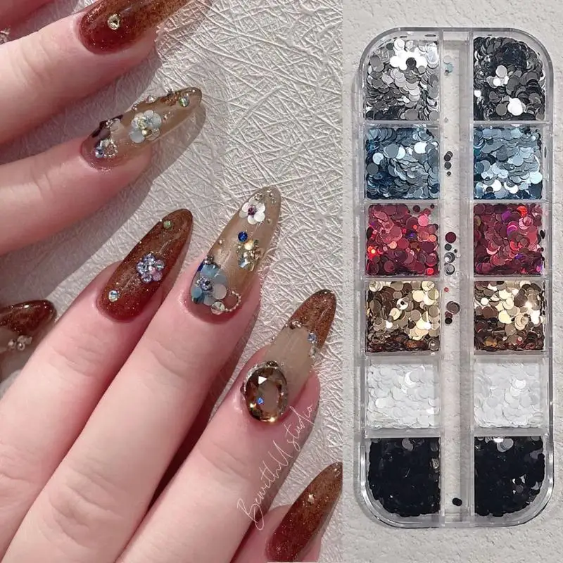1Box 3D Spliced Flower Polka Dot Nail Art Sequins 6/12 Grids Round Nail Glitter Sparkling Flakes Nail Charms Manicure Decor