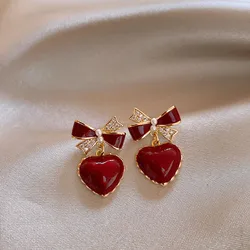 Fashion Style Temperament Wine Red Bow Knot Peach Heart Clip on Earrings No Piercing Exquisite Zircon Pearl Ear Clips Earrings