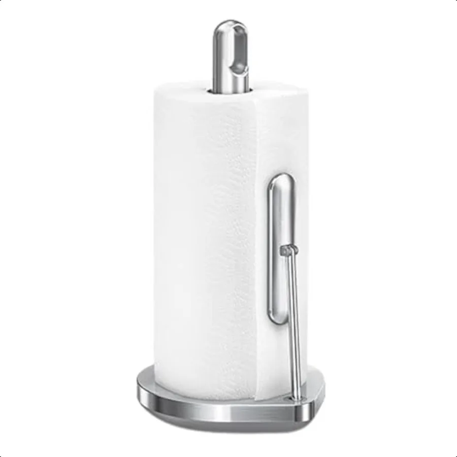 Soporte para papel de cocina de pie con brazo de tensión, resistente, fácil, con una sola mano, encimera de cocina, acero inoxidable cepillado