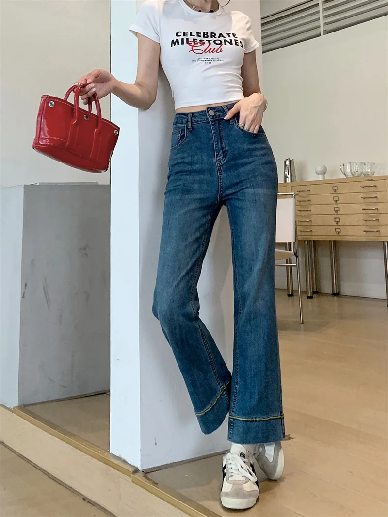 Women Spring Autumn Medium Blue High Waist Straight Leg Jeans Cuffed Hem Contrast Stitch Loose Slim Fit Versatile Long Pants