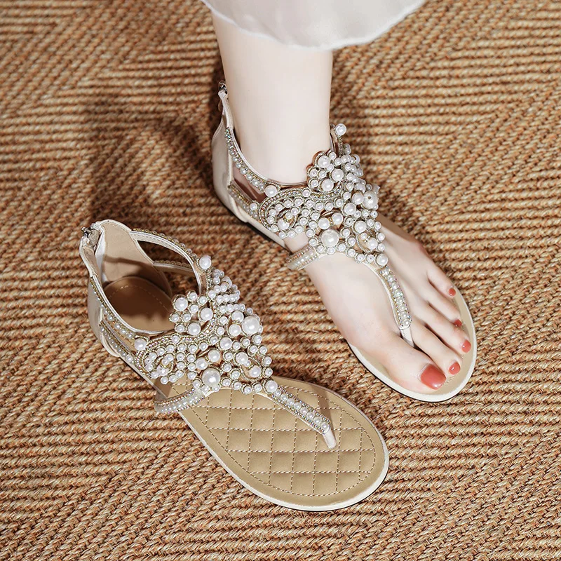 

Summer New Women's Shoes Exquisite Imitation Pearl Roman Sandals for Woman Elegant Aristocratic Casual Shoes Sandalias De Mujer