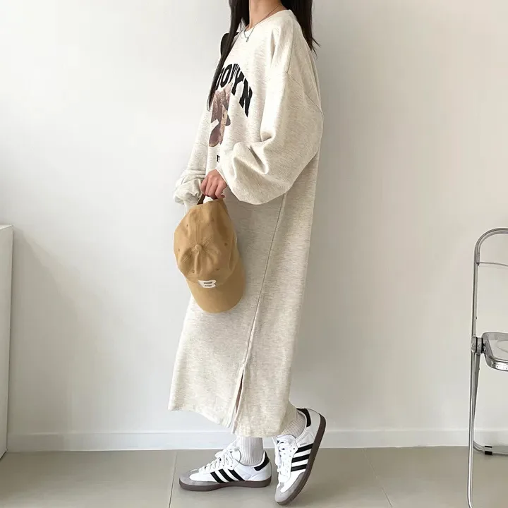 Japanisches Herbst-Winter-Frühlings-Langarm-Dünnes Kleid Damen Fleece-Oberteil Mittellanger Trendiger Rock Übergröße Lässiges Langes Kleid – Detail 3