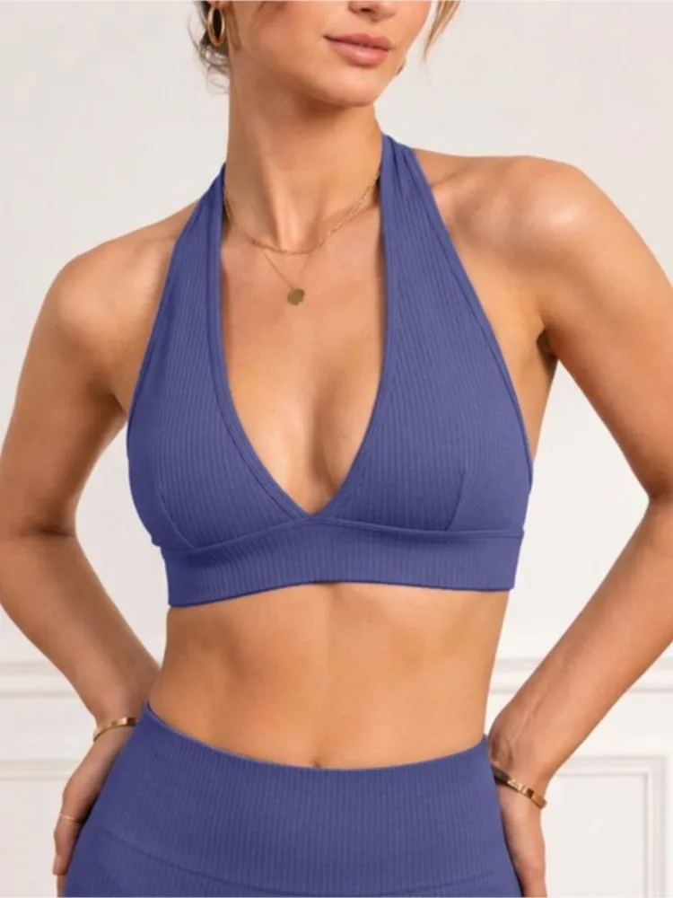 Summer V-Neck Yoga Bra Women Color Blocking Sports Underwear Gym Top Shockproof Fitness Push Up Workout Sports Bra Yoga Crop Top