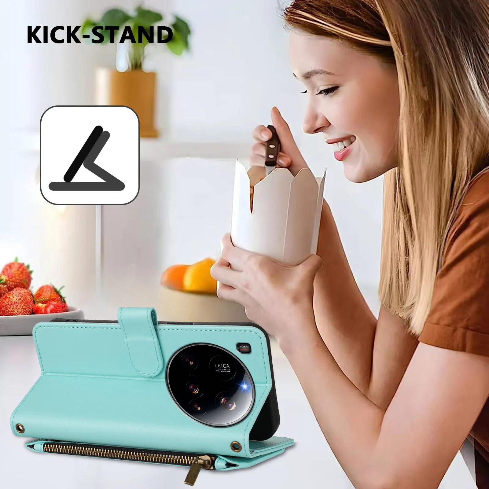 Casing Kulit Xiaomi 15 Ultra Motif Kupu-kupu Floral dengan Ritsleting, Penyangga, dan Tali Pergelangan Tangan - Hijau Mint