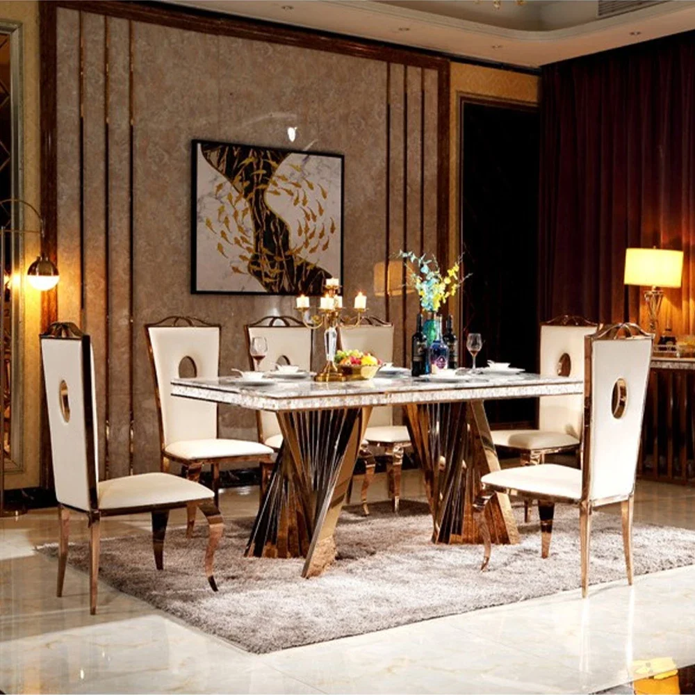 

Luxury Dining Set: 6 Stainless Steel Genuine Leather Chairs and Rectangle Marble Sea Shell Table kitchen room furniture