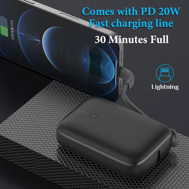 9600mAh PD20W Power Bank Fast Charging Small Portable Self-contained Cable Charging Treasure for Mobile Phones Tablet Lightning