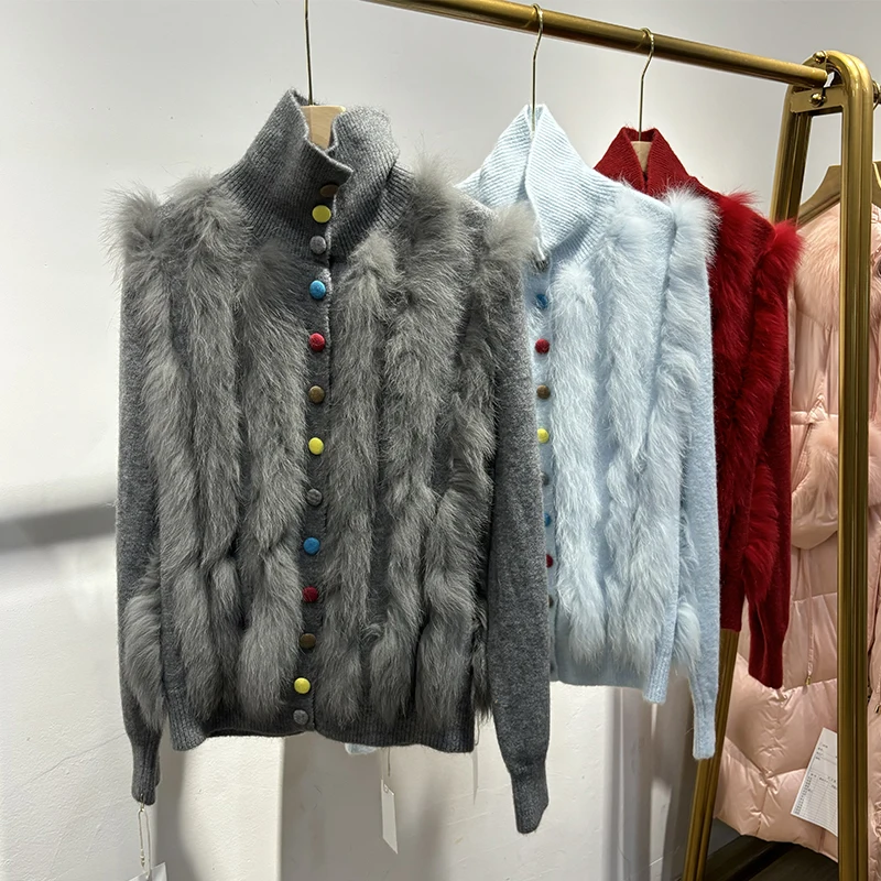 เสื้อสเวตเตอร์ขนสุนัขจิ้งจอกแท้สำหรับผู้หญิง ฤดูใบไม้ร่วง 2025 เสื้อแจ็คเก็ตถักขนสัตว์ธรรมชาติสำหรับฤดูหนาว