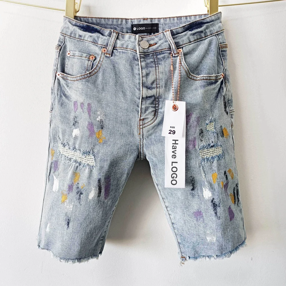 Men High Street Hole Distressed Denim Shorts Streetwear Hip Hop Painting Graffiti Jeans Short Pants