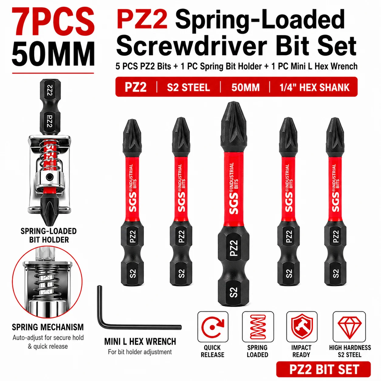 7/12/22-Piece Set Pz 2m Phillips Screwdriver Bit Set 50mm S2 Steel Magnetic Impact Bits with Spring-Loaded Bit Holder and Mini L-Shaped Hex Wrench