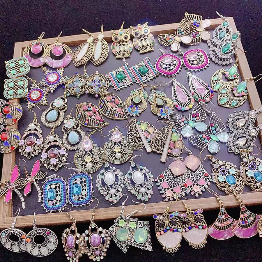 10Pairs/Lot Vintage Ethnic Style Copper Alloy Women's Earrings Europe And America Exaggerate Mixed Drop Earrings Jewelry Gifts