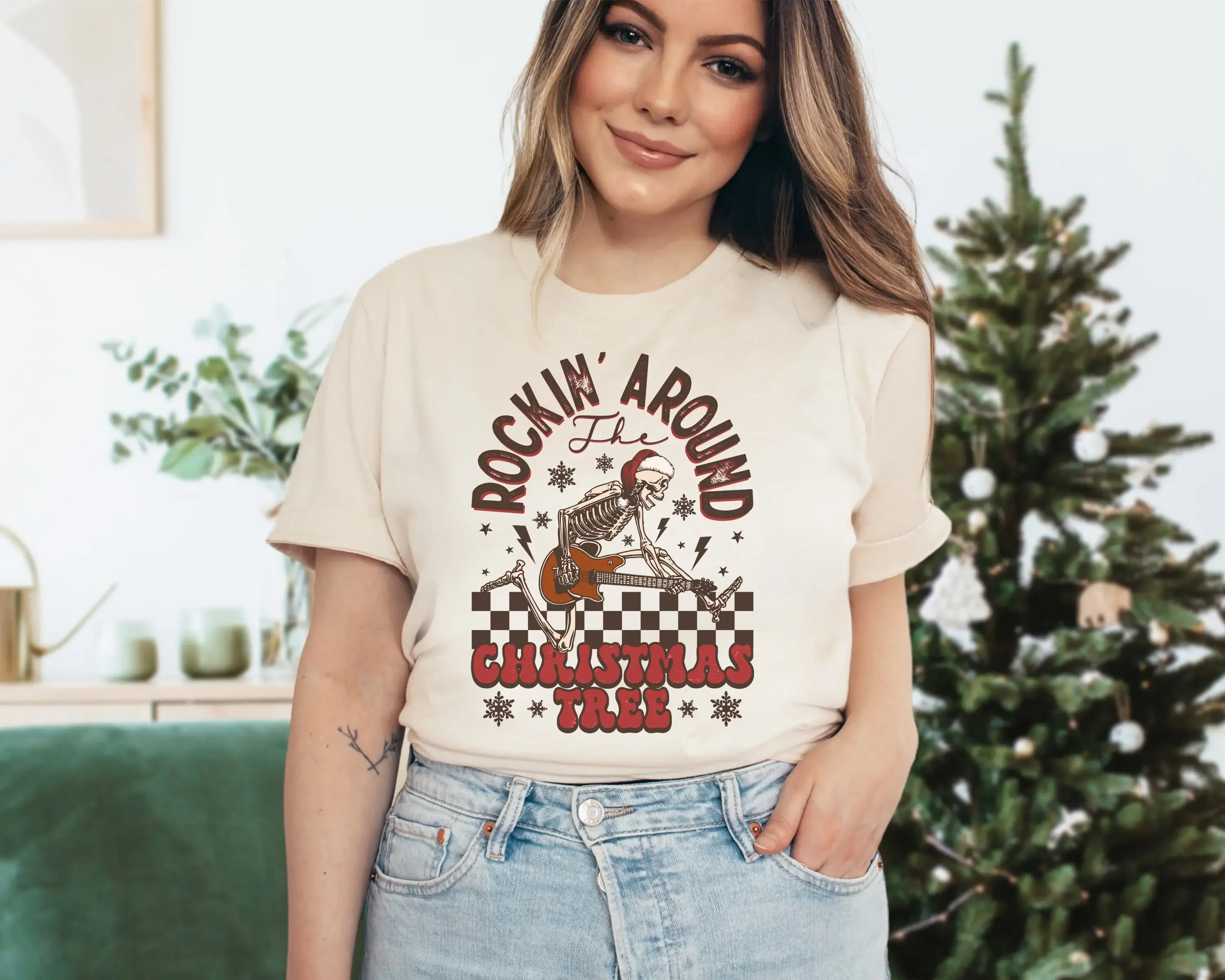 Christmas T Shirt Rocking Around the Tree Jingle Bell Rock Skeleton Goth Secret Santa