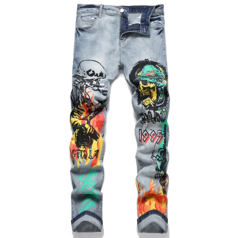 Original Men's Street Fashion Light Grey Nostalgic Print Embroidered Patch Stretch Slim Denim Pants