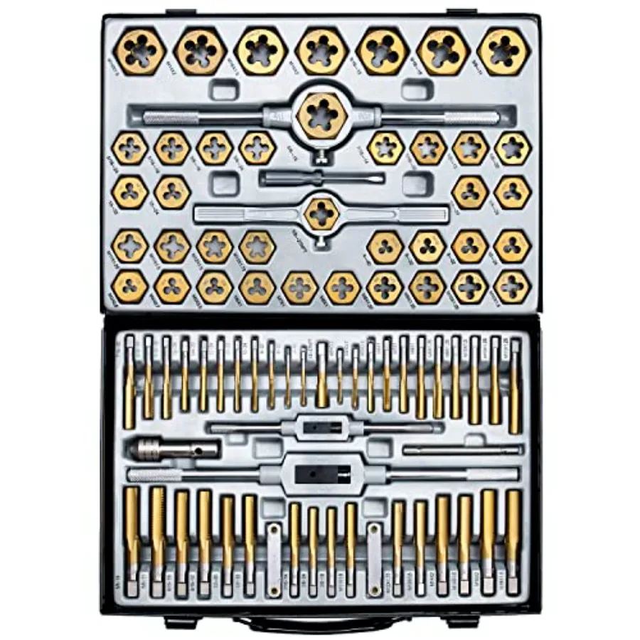 86-Piece Master Tap and Hex Die Set, Premium Titanium Coating SAE Size #4 to 5/8