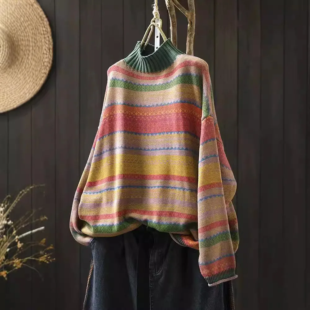 Classical Colorful Striped Turtle Neck Sweater For Women Korean Style Long Sleeve Loose Casual Knitwear Female Soft Cozy Tops