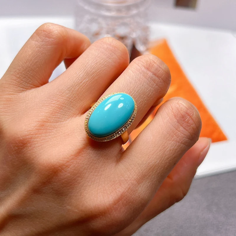 Original design Large oval turquoise rings for women Classic ethnic style Simple blue engagement banquet party jewelry