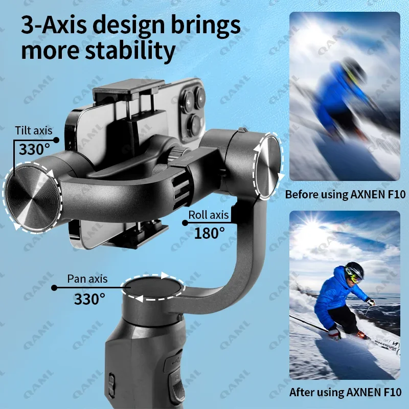 QAML F10Pro 3-Axis Handheld Gimbal Smartphone Stabilizer Phone Selfie Stick for Android iPhone Anti-Shake Video Shooting