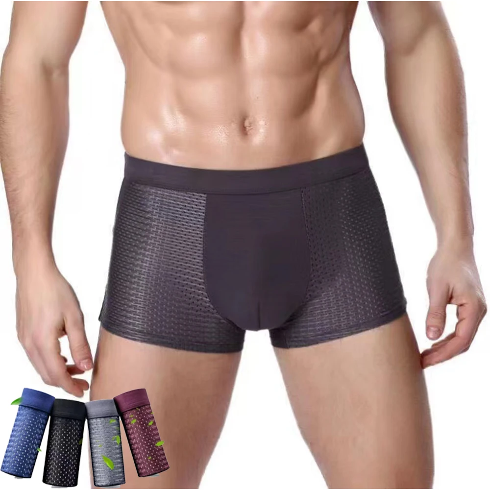 Malha de seda de gelo masculina, grafeno antibacteriano leve boxer respirável fino, troncos sem costura, roupa interior masculina grande, primavera, verão, 2024