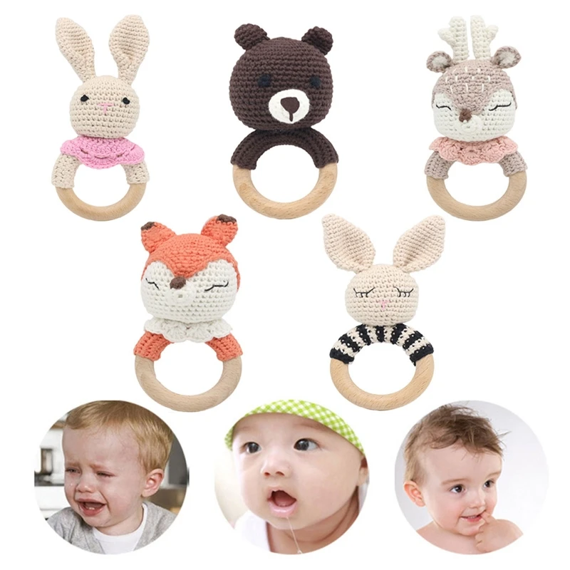 Baby Teether แหวนไม้ Handmade BPA ฟรีเคี้ยวของเล่นฟันด้ายฝ้ายโครเชต์สัตว์ Rattle ถักมือ W3JF