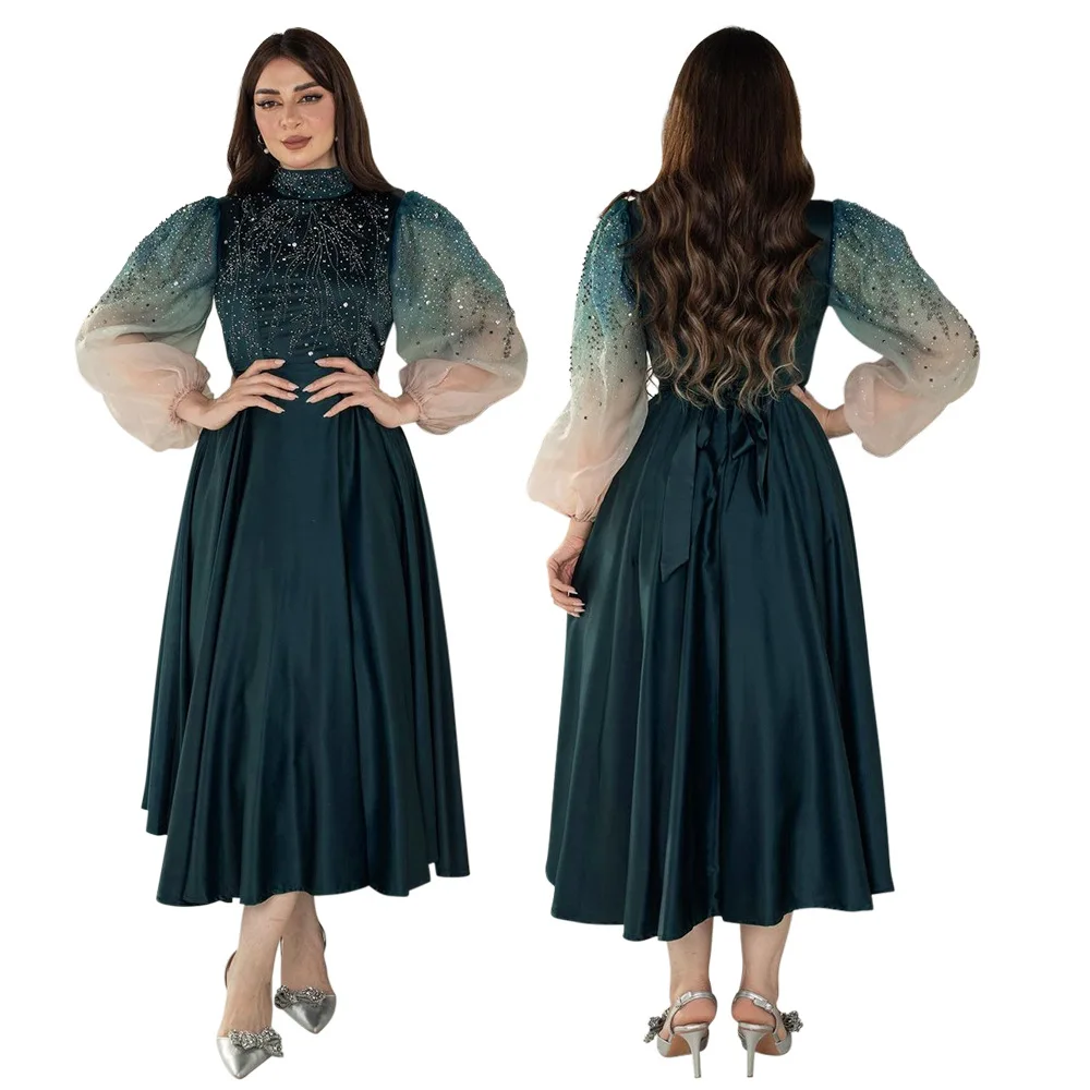 Elegante abito da sera da donna musulmana Abiti sfumati con maniche a sbuffo alla moda Abito da festa con lacci con colletto alla coreana Abaya con diamanti glitterati