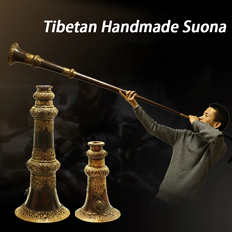 Large Tibetan Horn Scalable Suona Nepal Handmade Old Bronze Gilded Relief Buddha Horn Tibetan Temple Collection Wind Instrument