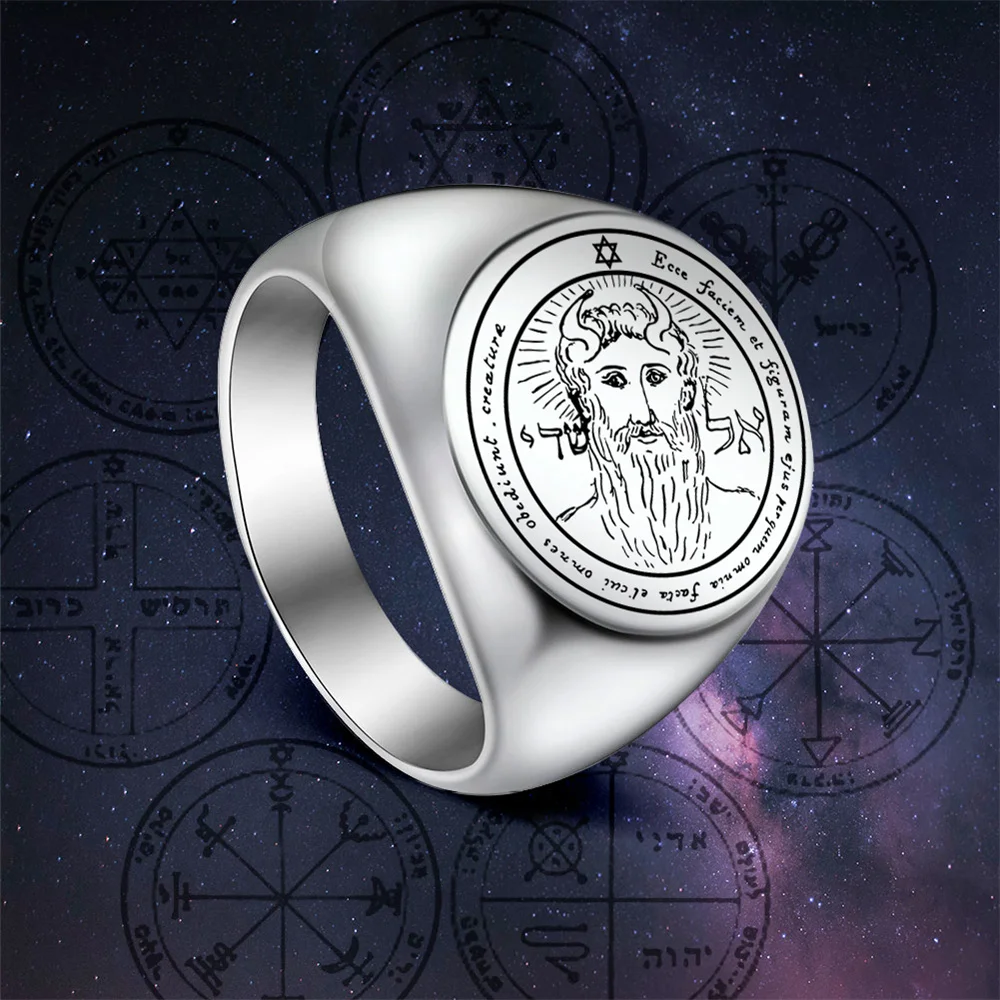 EUEAVAN-Anillo de sello de acero inoxidable para hombre, joyería de amuleto de Talismán, llave de Solomon, Color plateado, el primer pentculo, buena suerte