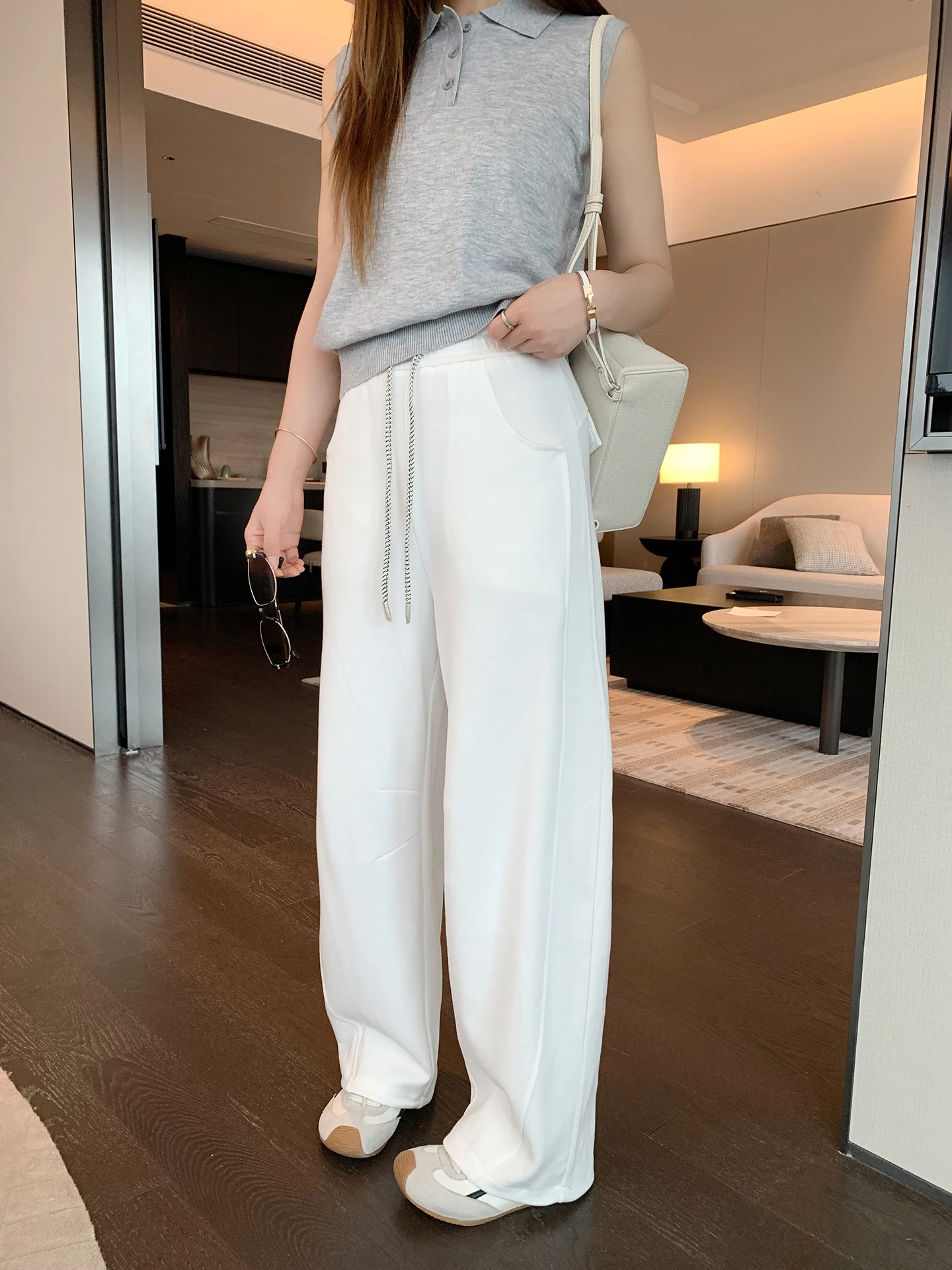 

New 330 Small Curved Knife Pants Elastic Waist Wide Leg Casual Pants Benxe Home Slimming Curved Knife Pants Ladies Casual Tro...