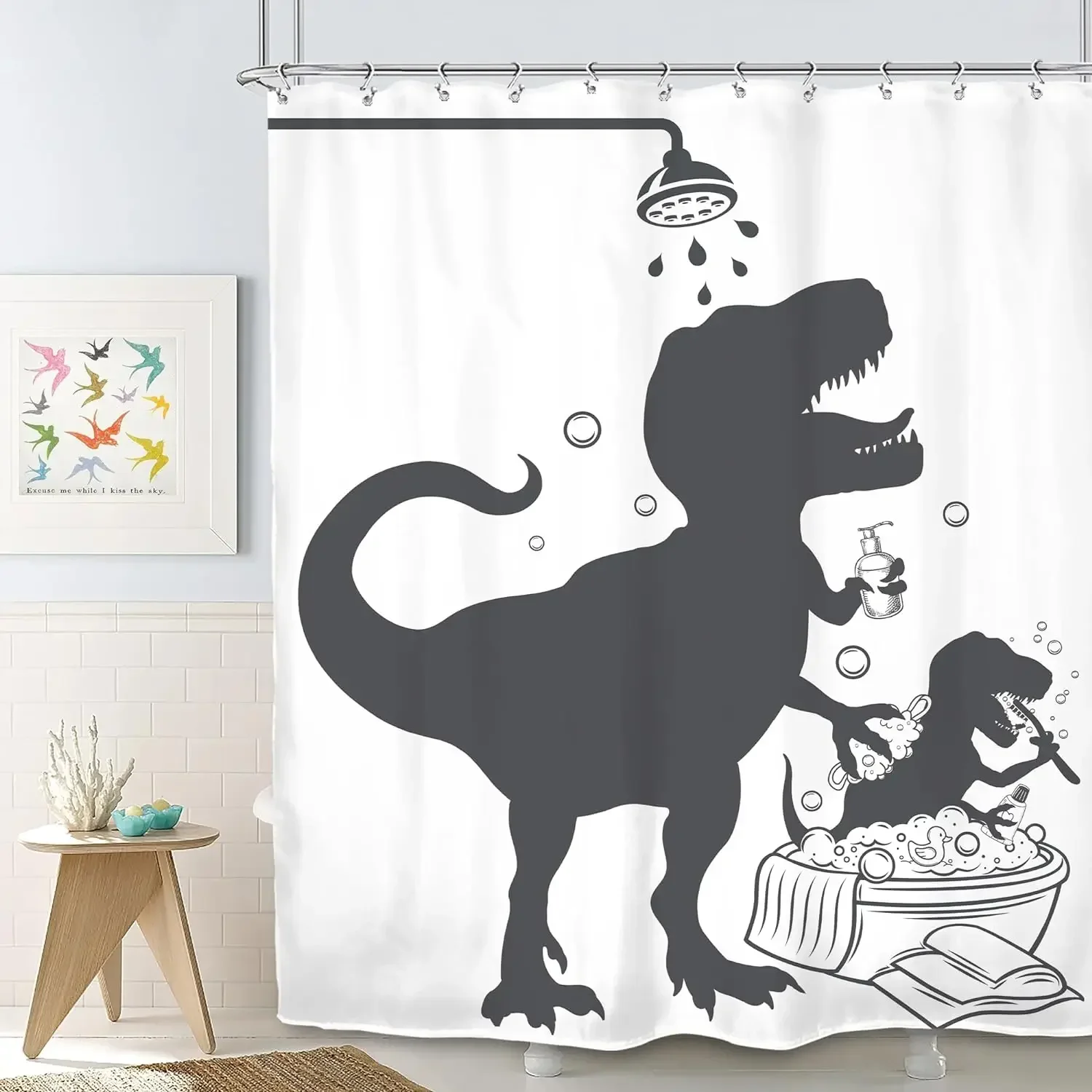 Funny Animal Shower Curtain, Farm Cartoon Cat Dog Crane Cute Shower Gray Dinosaur Silhouette Bathtub Play Water, Bathroom Decor