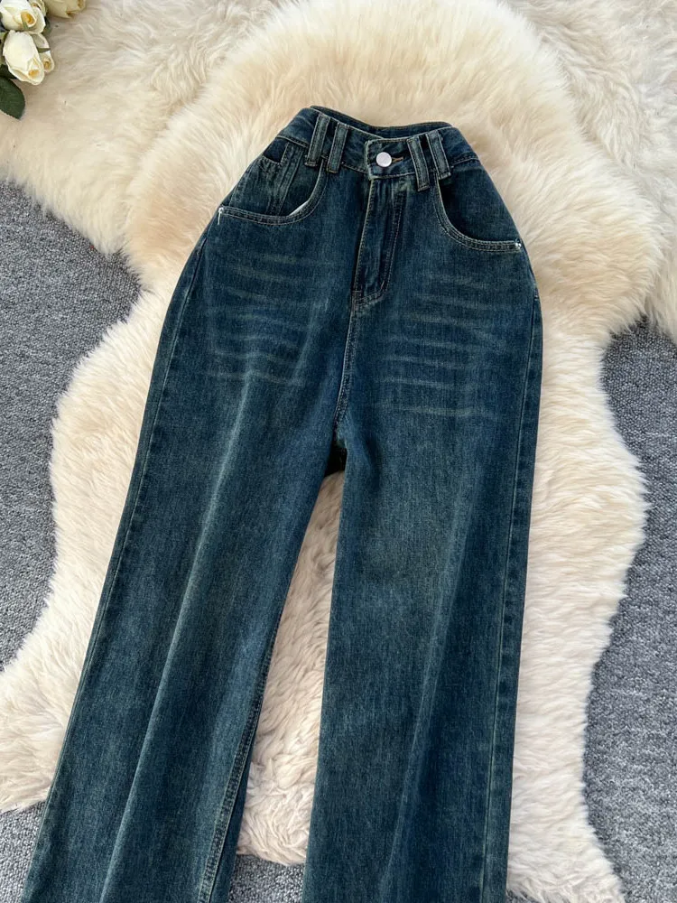 レトロウェイドデニムワイドレッグパンツ女性のハイウエストカジュアルストレートカットパンツ秋冬新作 Sle アメリカンデザイン