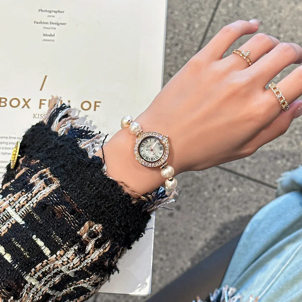 Pulseira de pérolas joias vintage 2024 relógio feminino de quartzo com movimento japonês incrustado com strass para luxo e moda