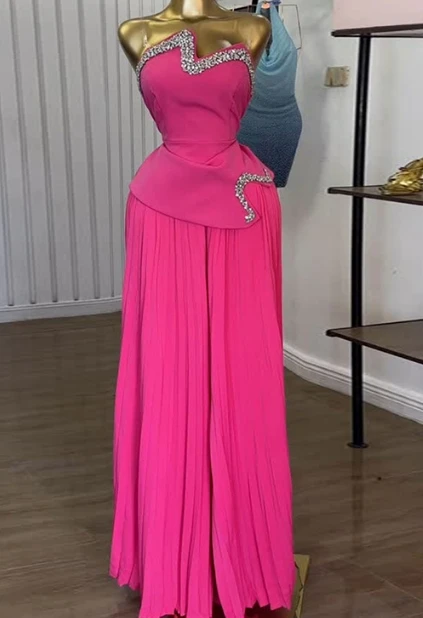 

Women's Summer New Heavy Industry Strapless and Diamond Studded Irregular Top, Pleated Wide Leg Pants Set