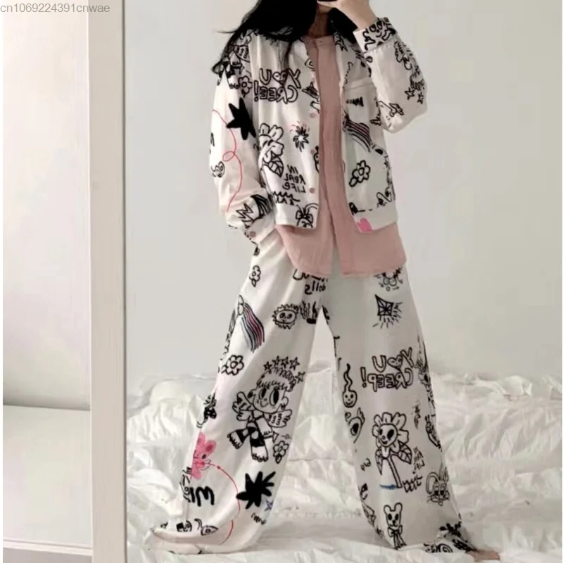 Y2k Cute Long Sleeve Pajamas Women New Two Peice Set Kawaii Cartoon Graffiti Graphic Home Wear Pjs Nightwears Ladies Sleepwear