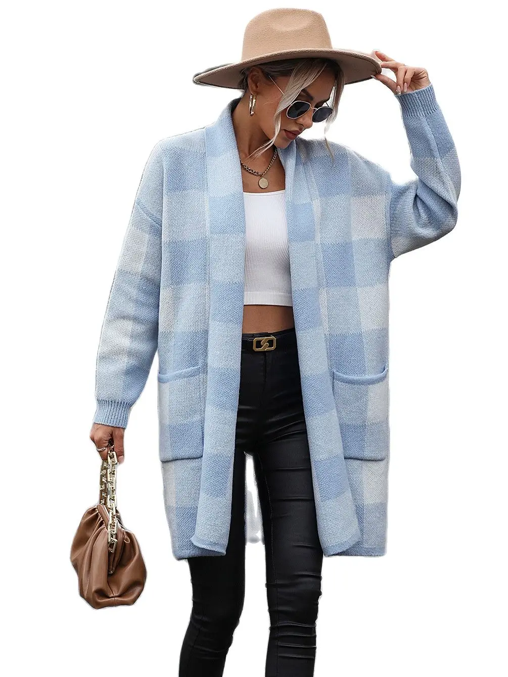 2023 LoosePplaid Color Block Knit Cardigan Jacket with Pockets Women