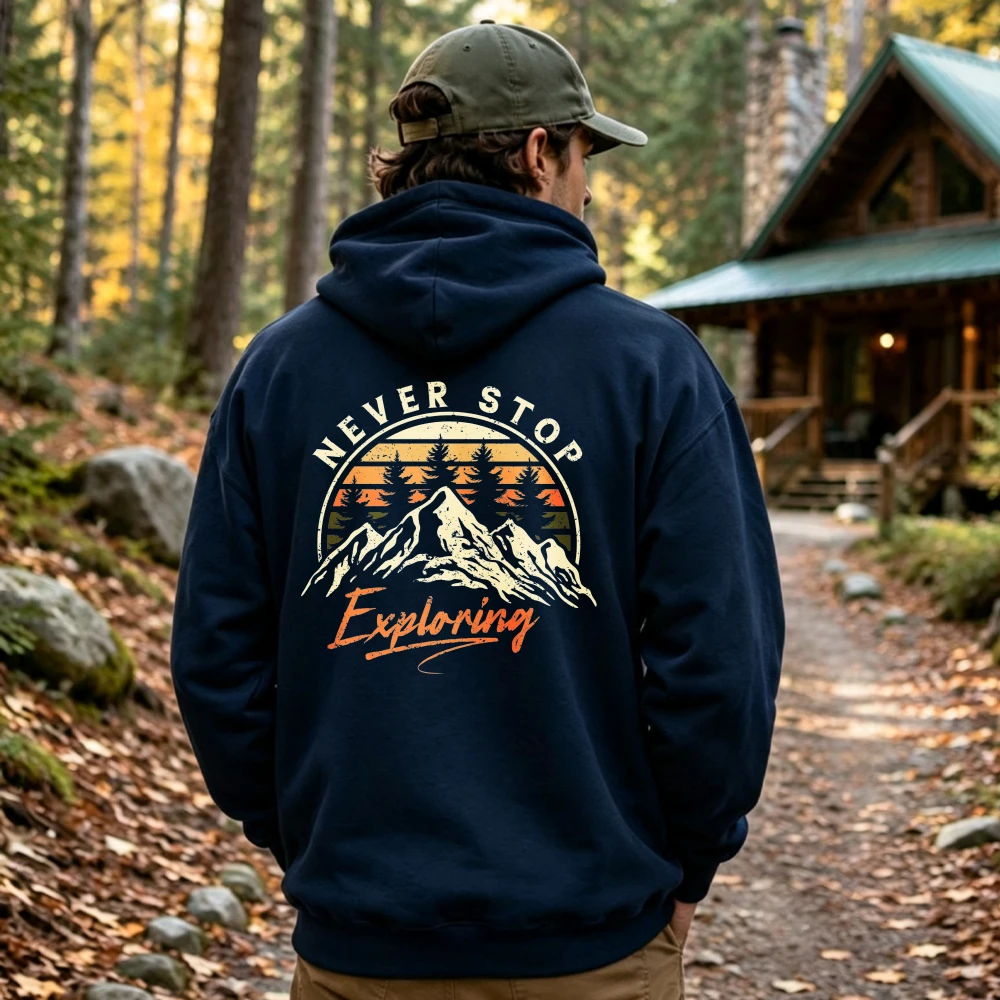 Never Stop Exploring Retro Sunset Mountain Pine Tree Graphic Hoodie Back Print Sweatshirt Wilderness Outdoor Hiking Hooded Tops
